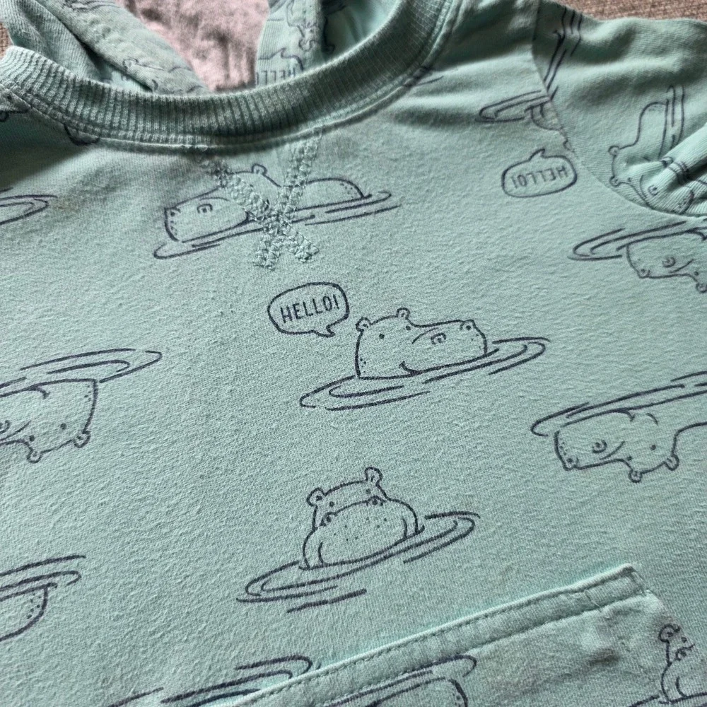 Carters Baby Boy Hippo Print Hooded Romper Teal Blue 12 Months Short Sleeve